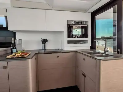Galley of Red Lyon, a Fountaine Pajot MY5 catamaran at Central Abaco, Bahamas