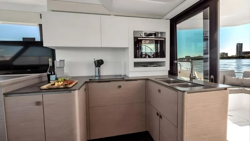 Galley of Red Lyon, a Fountaine Pajot MY5 catamaran at Central Abaco, Bahamas