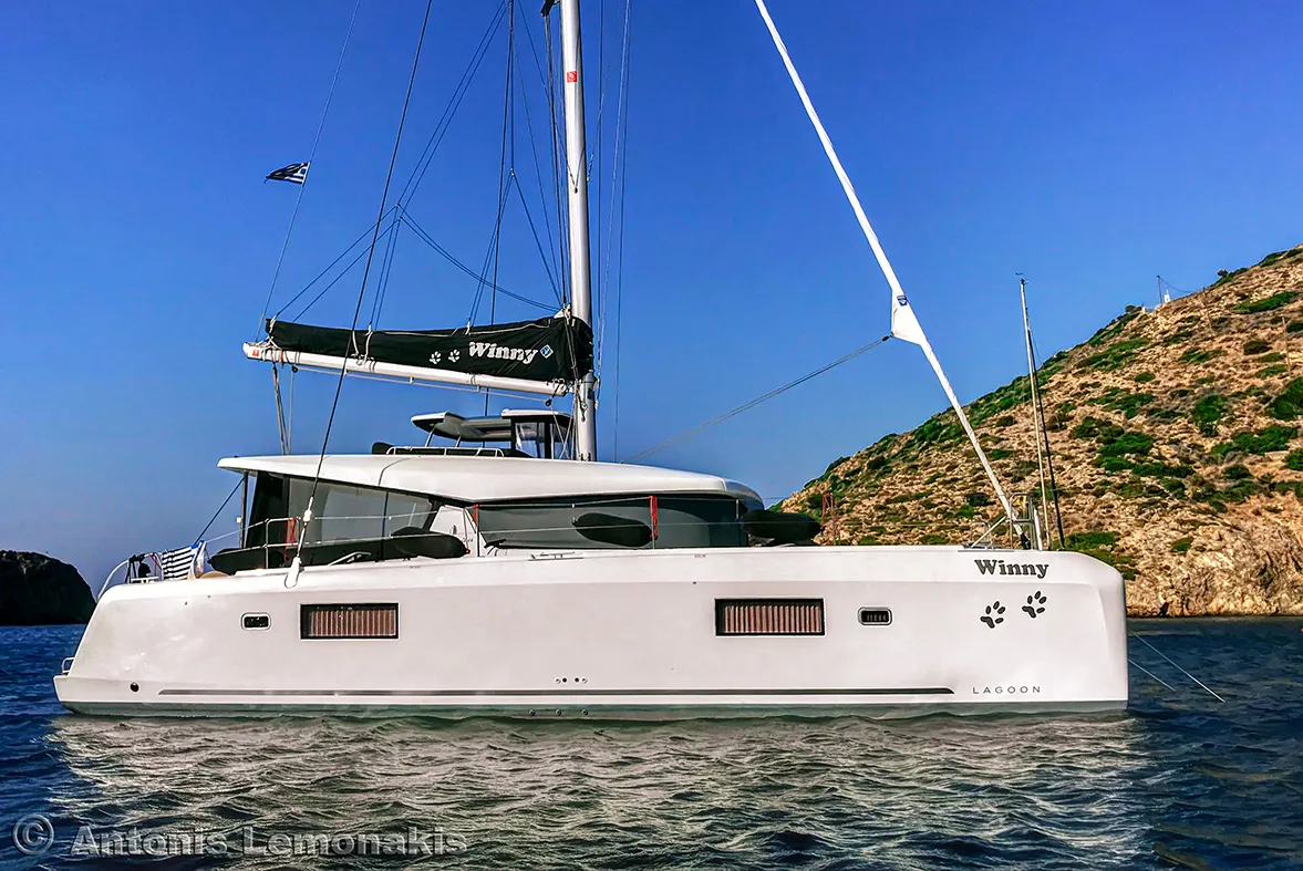 Exterior view of Winny, a Lagoon 42 catamaran at Finikas, Greece