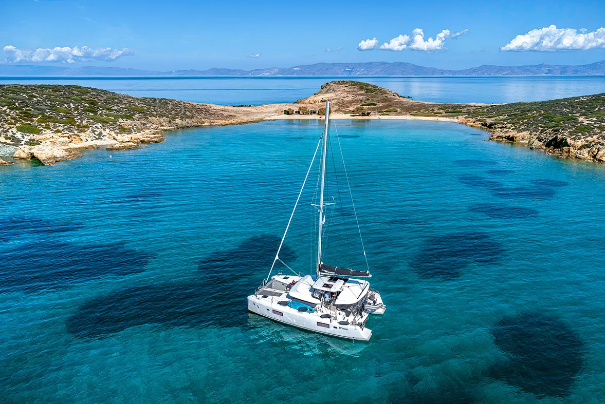 Exterior view of Winny, a Lagoon 42 catamaran at Finikas, Greece
