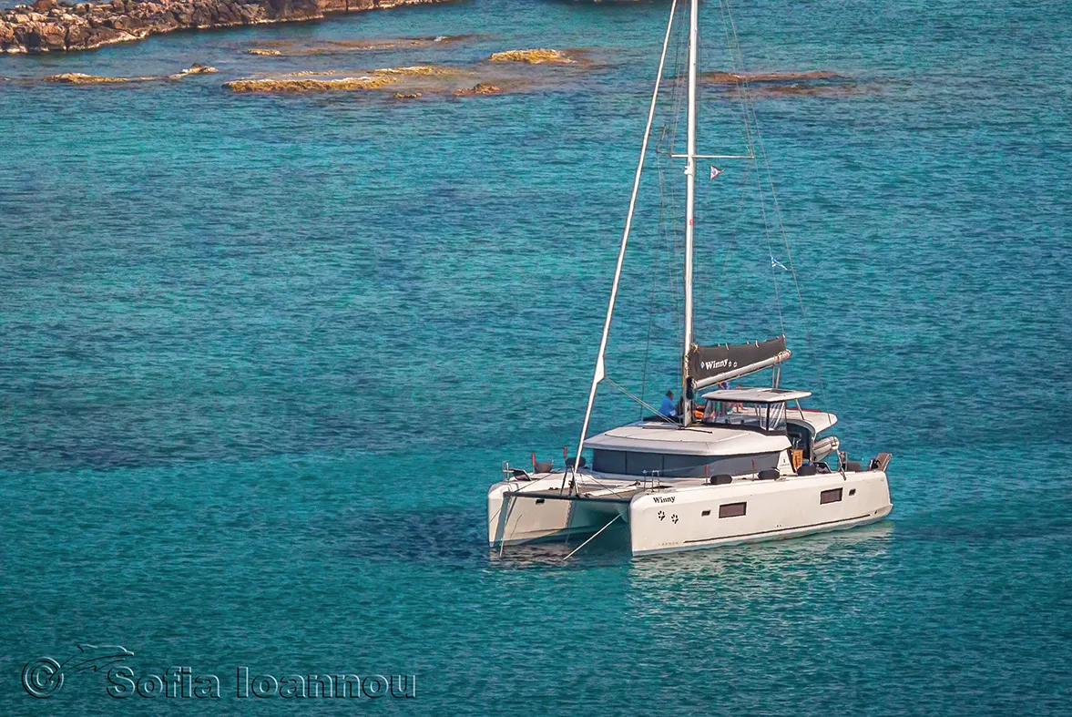 Exterior view of Winny, a Lagoon 42 catamaran at Finikas, Greece