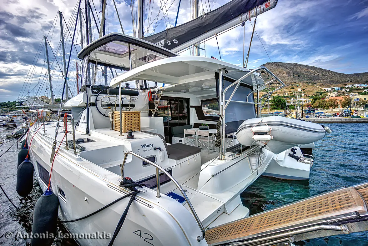 Deck of Winny, a Lagoon 42 catamaran at Finikas, Greece