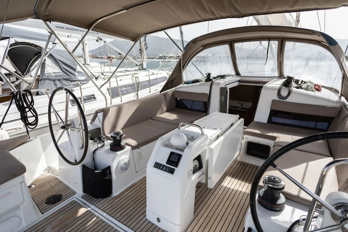 Cockpit of Irini, a Jeanneau Sun Odyssey 440 sailboat at Kontokali, Greece