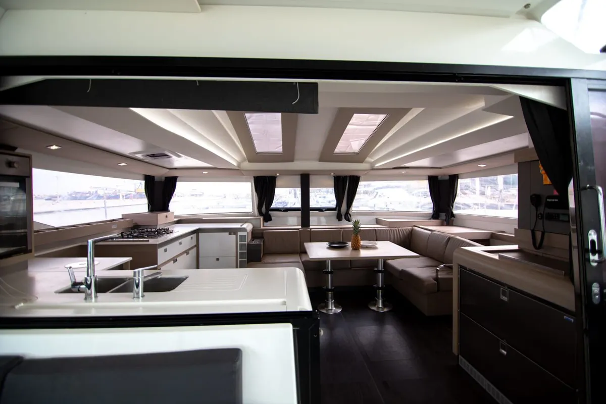 Galley of Nireas, a Fountaine Pajot Elba 45 catamaran at Agios Stefanos, Greece
