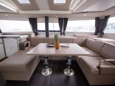 Salon of Nireas, a Fountaine Pajot Elba 45 catamaran at Agios Stefanos, Greece