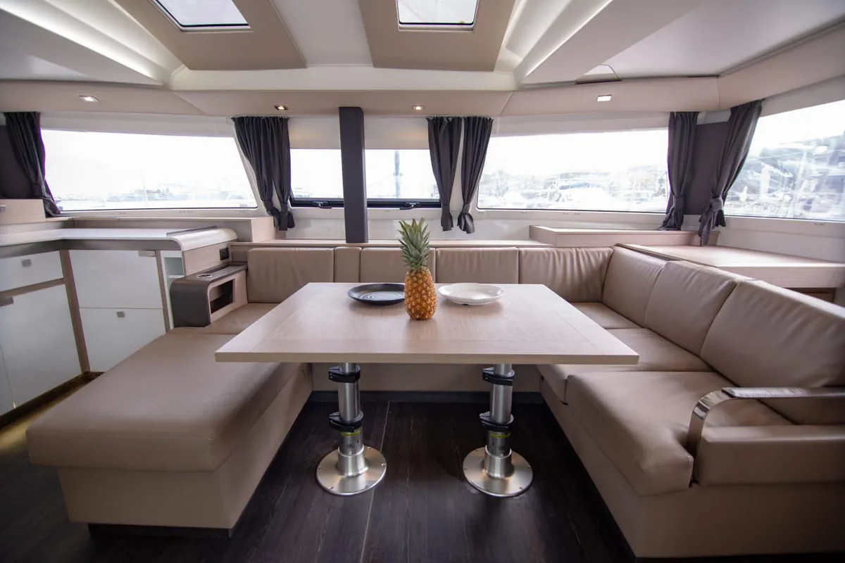 Salon of Nireas, a Fountaine Pajot Elba 45 catamaran at Agios Stefanos, Greece