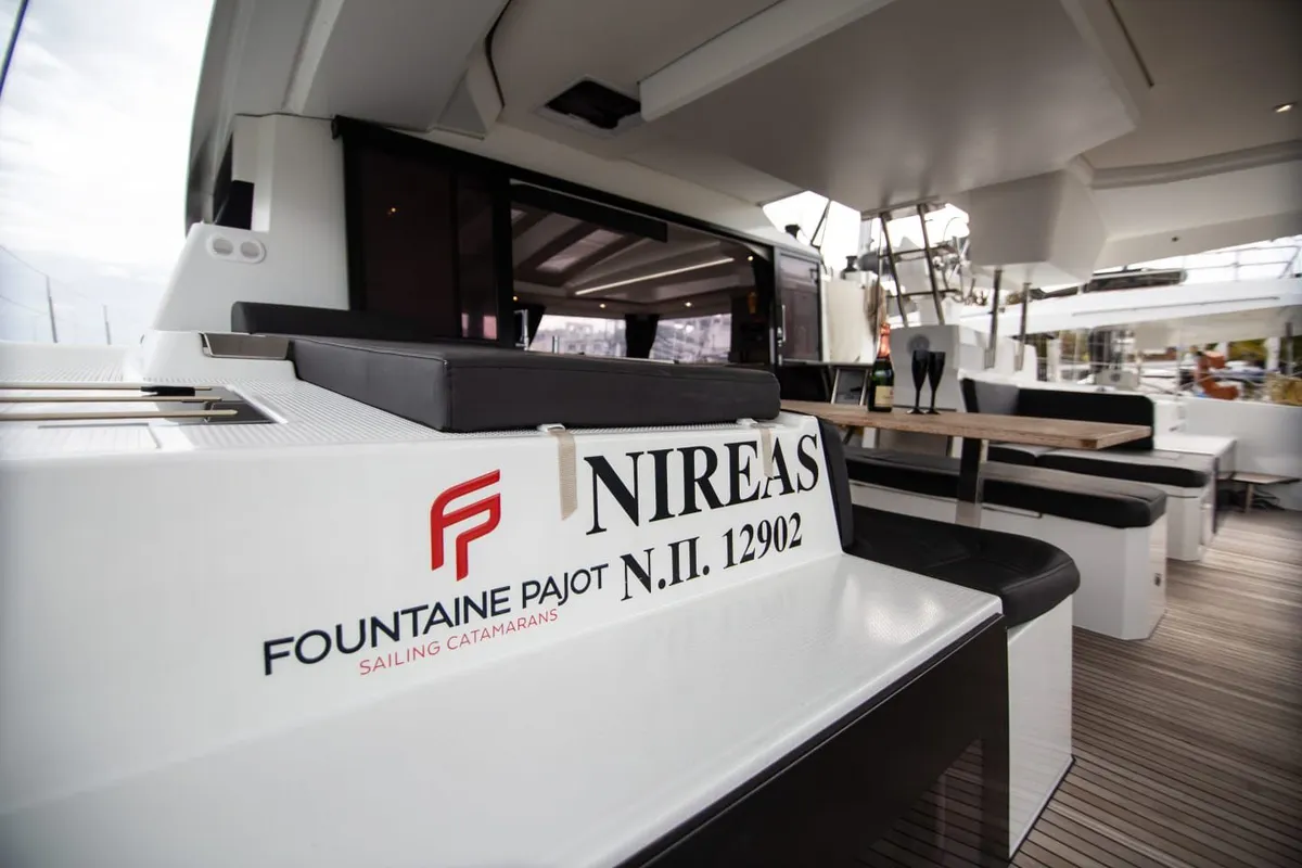 Nireas, a Fountaine Pajot Elba 45 catamaran at Agios Stefanos, Greece