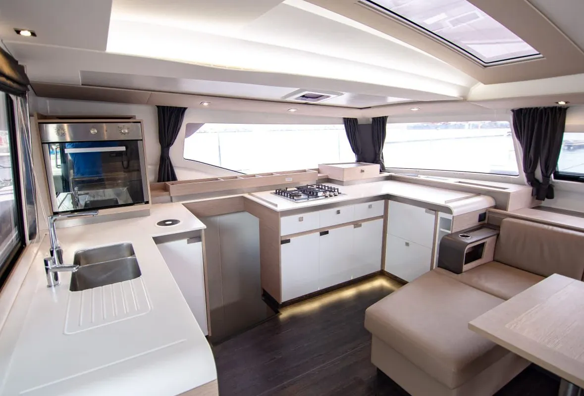 Galley of Nireas, a Fountaine Pajot Elba 45 catamaran at Agios Stefanos, Greece