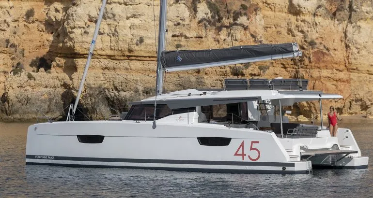 Exterior view of Nireas, a Fountaine Pajot Elba 45 catamaran at Agios Stefanos, Greece