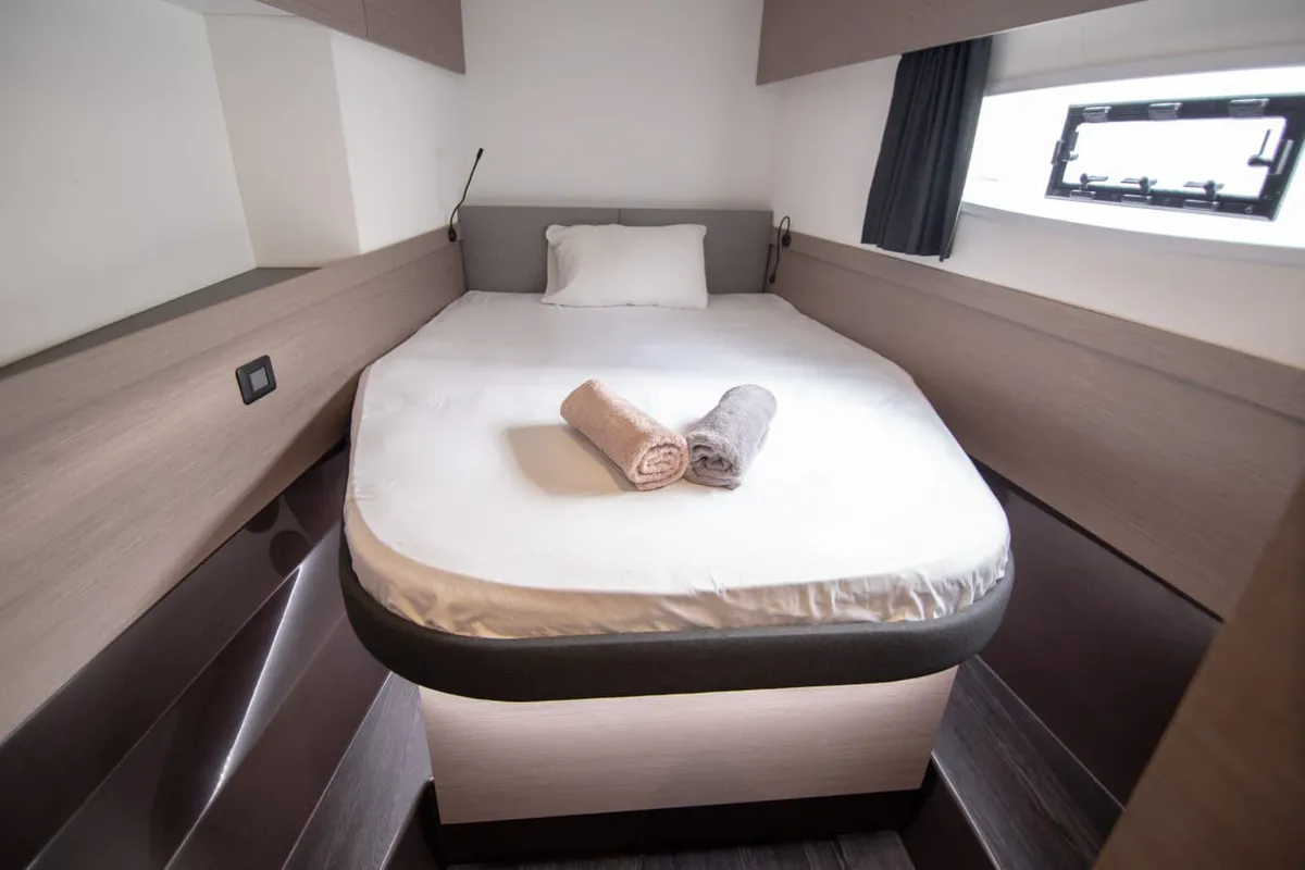 Cabin on Nireas, a Fountaine Pajot Elba 45 catamaran at Agios Stefanos, Greece