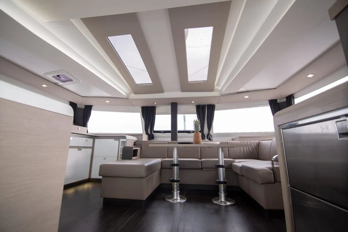 Salon of Nireas, a Fountaine Pajot Elba 45 catamaran at Agios Stefanos, Greece