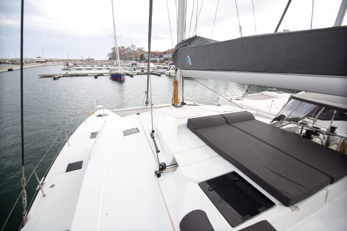 Deck of Nireas, a Fountaine Pajot Elba 45 catamaran at Agios Stefanos, Greece