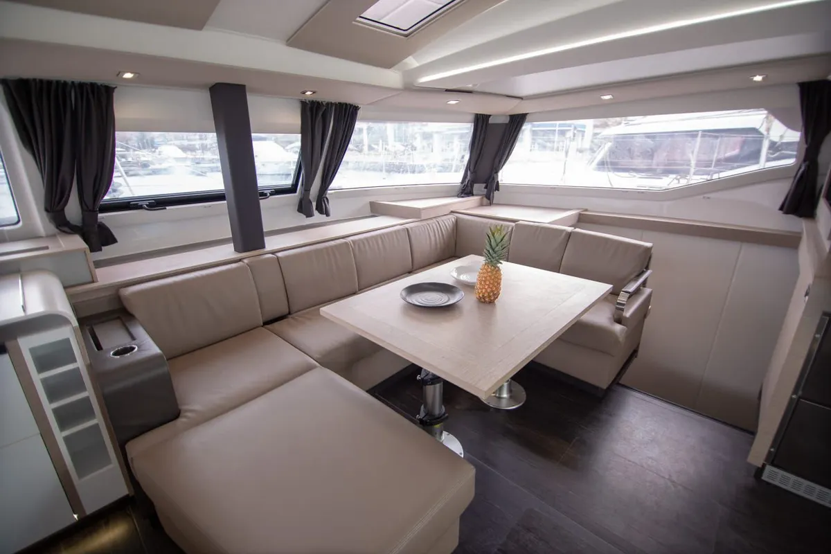 Salon of Nireas, a Fountaine Pajot Elba 45 catamaran at Agios Stefanos, Greece