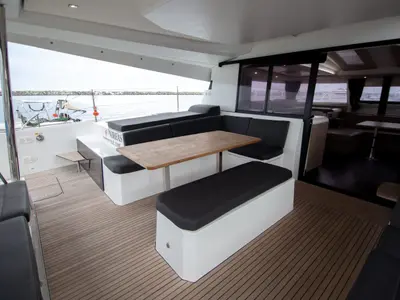 Deck of Nireas, a Fountaine Pajot Elba 45 catamaran at Agios Stefanos, Greece