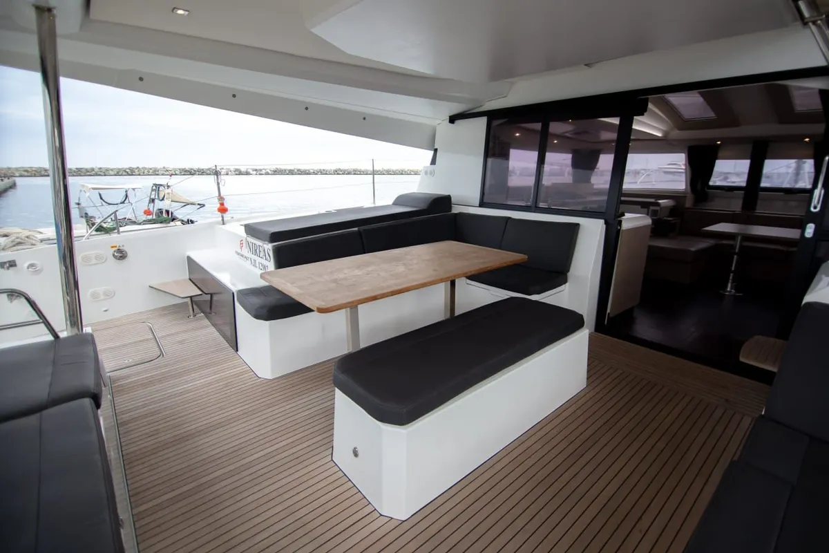 Deck of Nireas, a Fountaine Pajot Elba 45 catamaran at Agios Stefanos, Greece