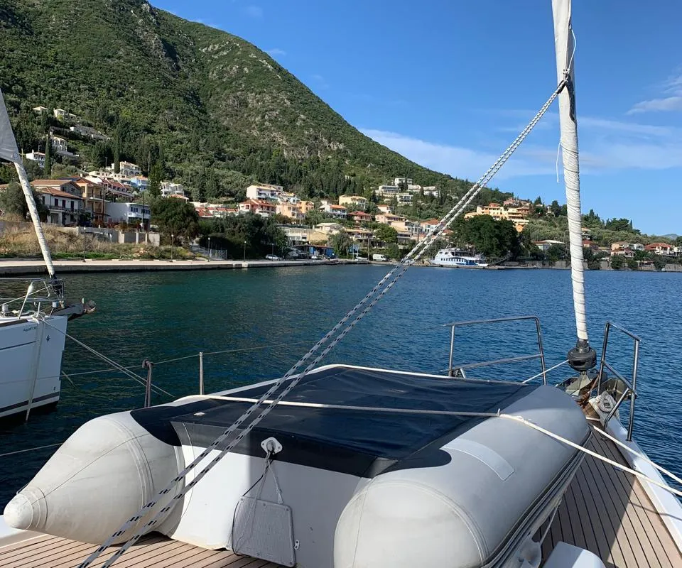 Deck of Zoe, a Hanse 458 sailboat at Municipal Unit of Ellomenos, Greece