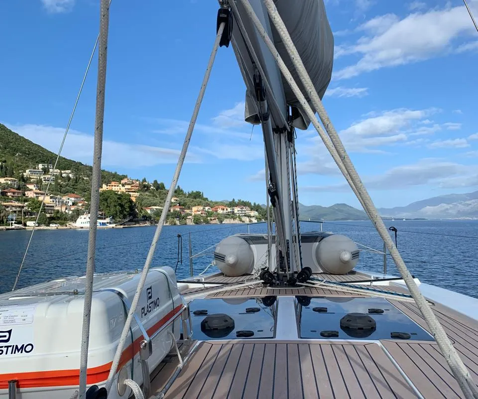 Deck of Zoe, a Hanse 458 sailboat at Municipal Unit of Ellomenos, Greece