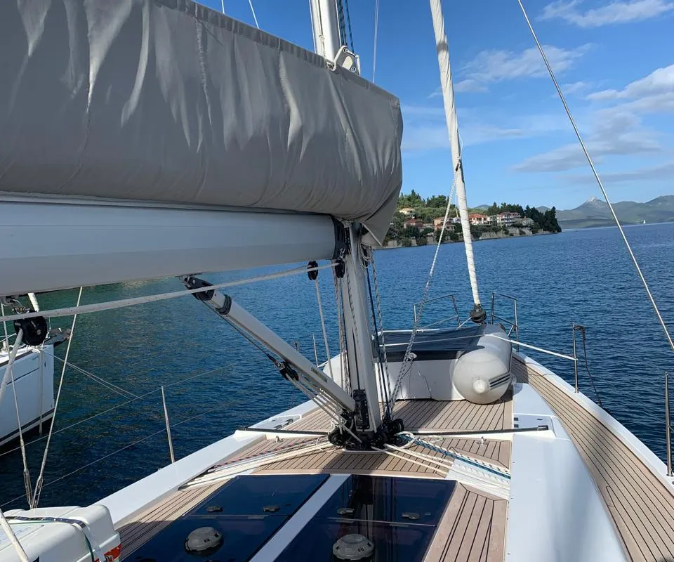 Deck of Zoe, a Hanse 458 sailboat at Municipal Unit of Ellomenos, Greece