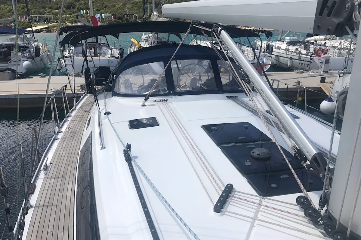 Deck of Aludra, a Bavaria Cruiser 46 sailboat at Rosignano Solvay, Italy