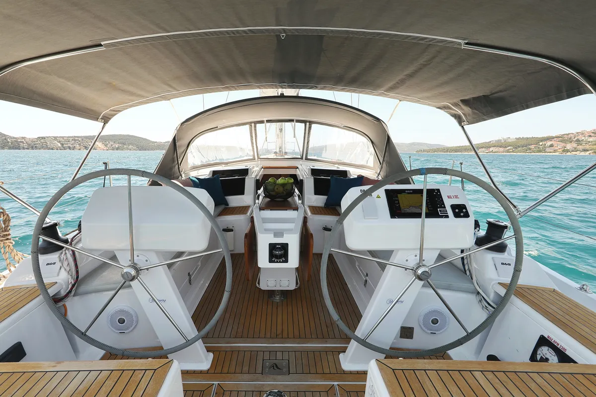 Cockpit of One Life, a Hanse 458 sailboat at Seget Donji, Croatia