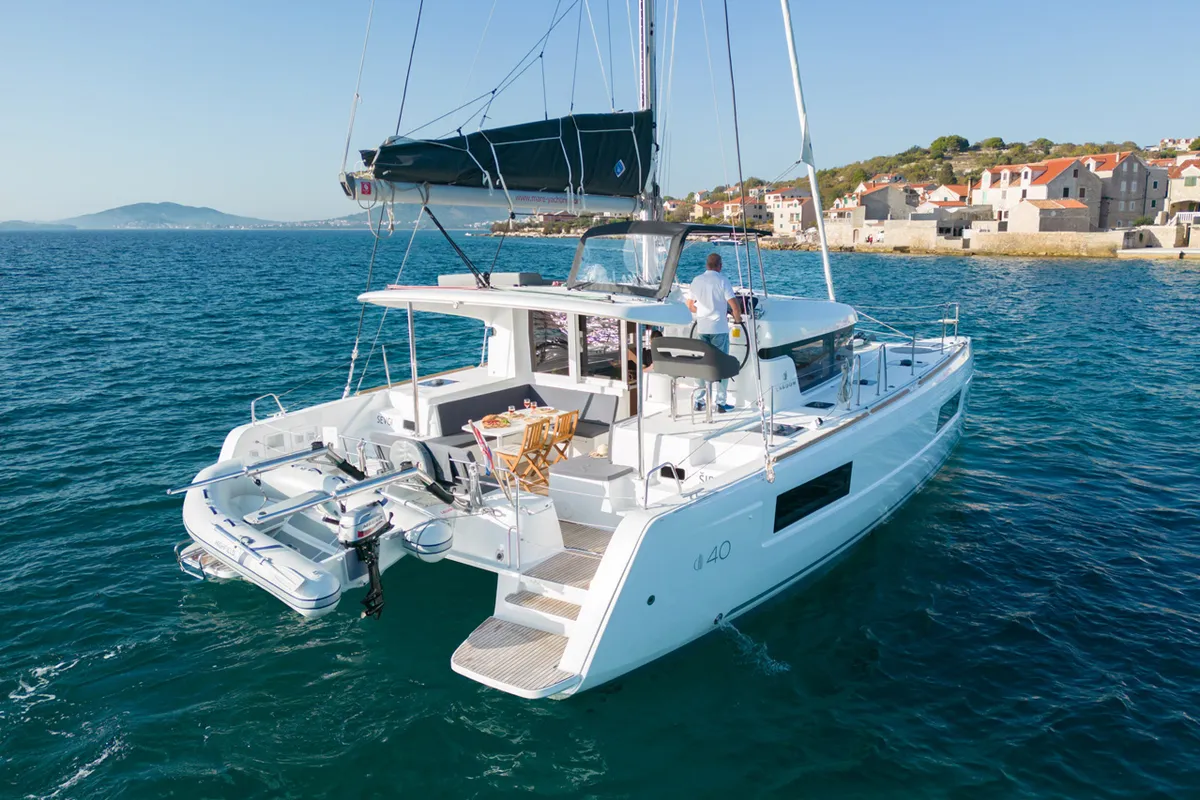 Exterior view of Sevgi, a Lagoon 40 catamaran at Grad Šibenik, Croatia