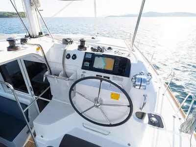 Cockpit of Sevgi, a Lagoon 40 catamaran at Grad Šibenik, Croatia