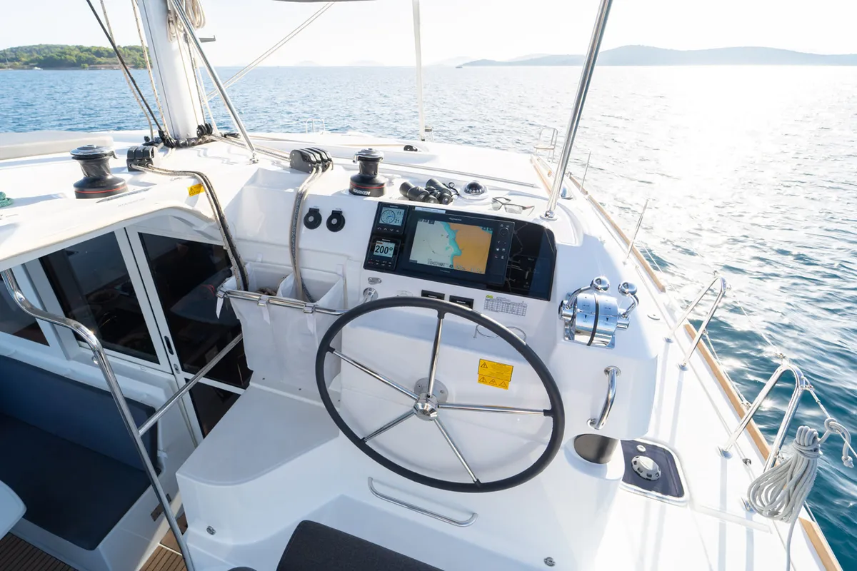 Cockpit of Sevgi, a Lagoon 40 catamaran at Grad Šibenik, Croatia