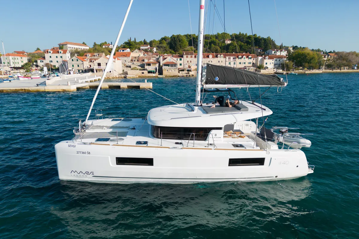 Exterior view of Sevgi, a Lagoon 40 catamaran at Grad Šibenik, Croatia