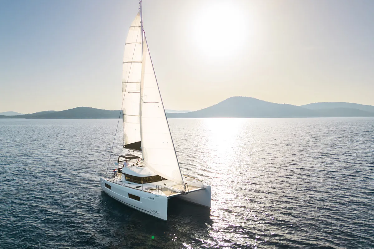 Exterior view of Sevgi, a Lagoon 40 catamaran at Grad Šibenik, Croatia