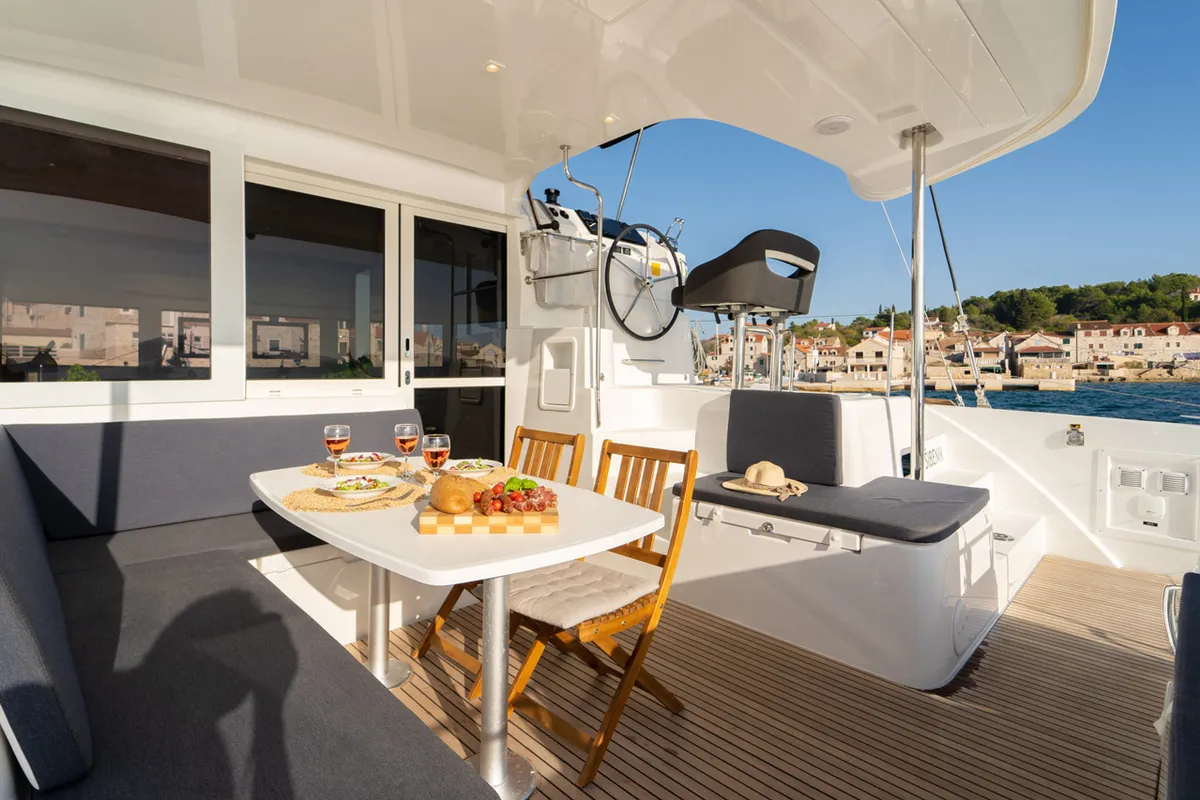 Deck of Sevgi, a Lagoon 40 catamaran at Grad Šibenik, Croatia