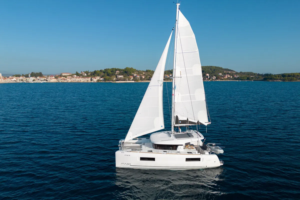Exterior view of Sevgi, a Lagoon 40 catamaran at Grad Šibenik, Croatia