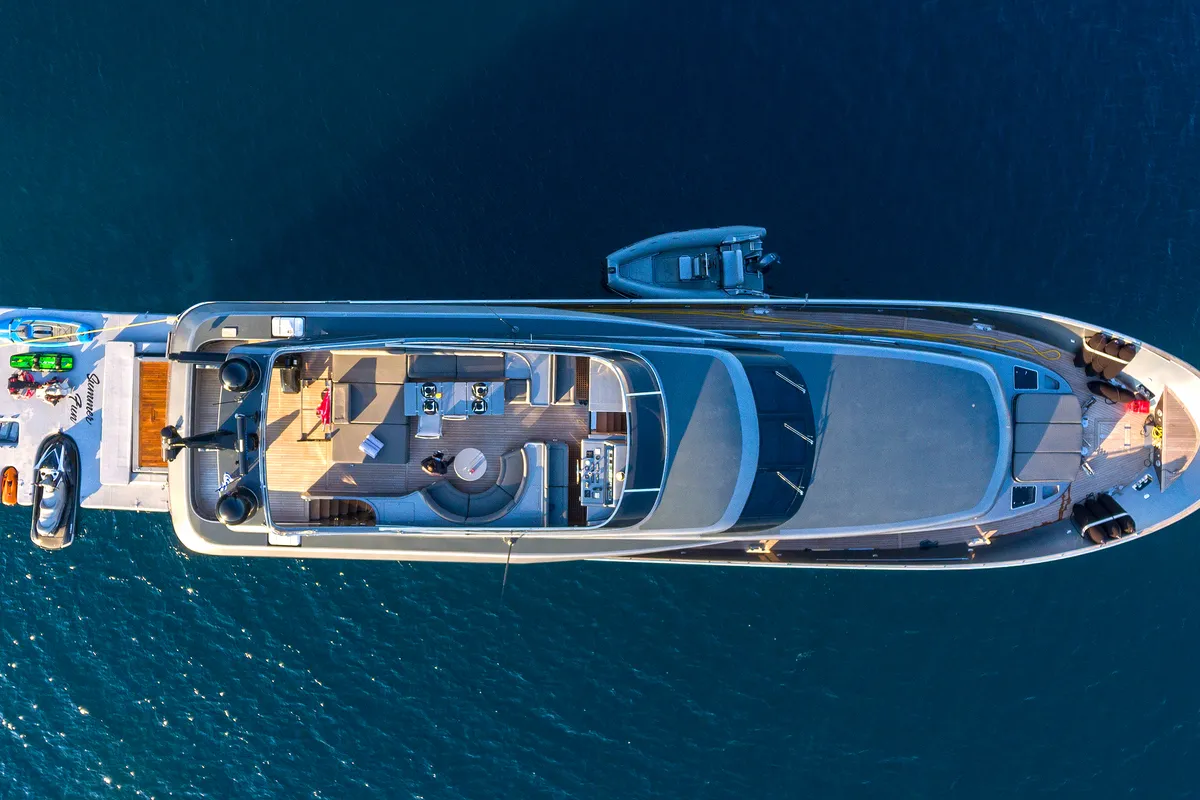 Deck of Summer Fun, a Admiral 101 motor yacht at Athens, Greece