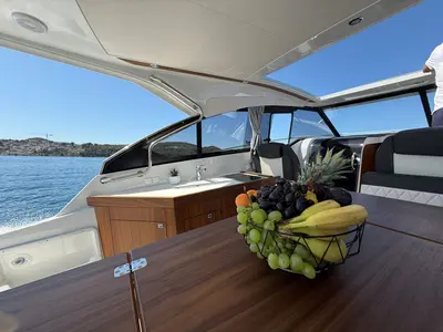 Deck of Orionis II, a Grandezza 34 OC motorboat at Grad Trogir, Croatia