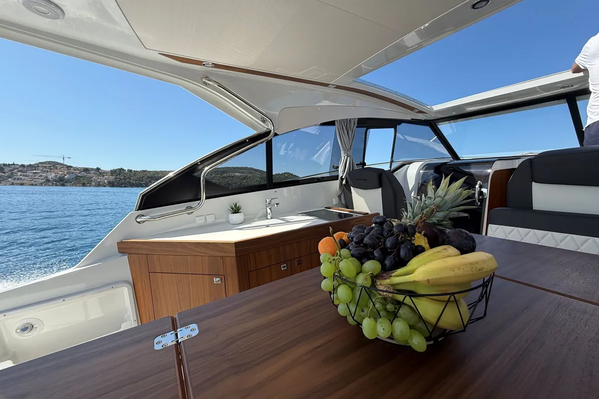 Deck of Orionis II, a Grandezza 34 OC motorboat at Grad Trogir, Croatia