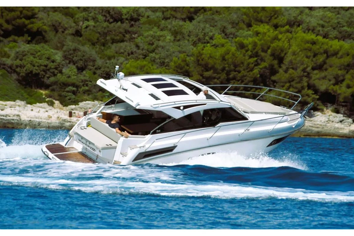 Exterior view of Orionis II, a Grandezza 34 OC motorboat at Grad Trogir, Croatia