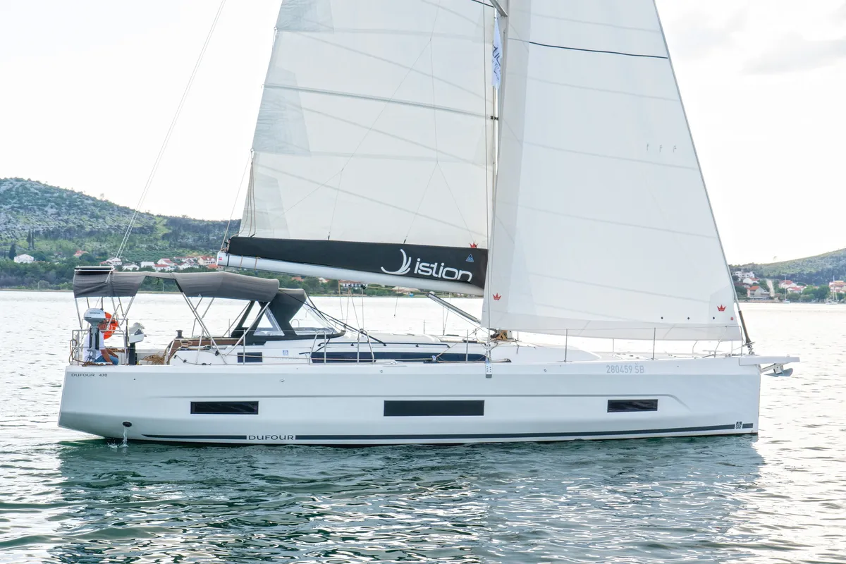 Exterior view of First Secret, a Dufour 470 sailboat at Skradin, Croatia