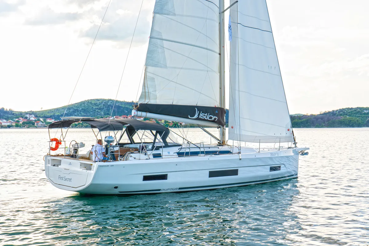 Exterior view of First Secret, a Dufour 470 sailboat at Skradin, Croatia
