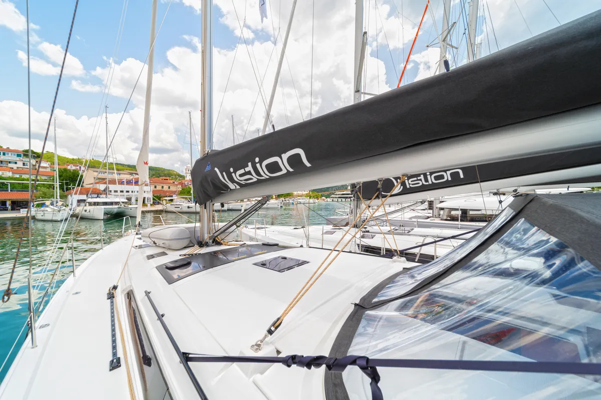 Deck of First Secret, a Dufour 470 sailboat at Skradin, Croatia
