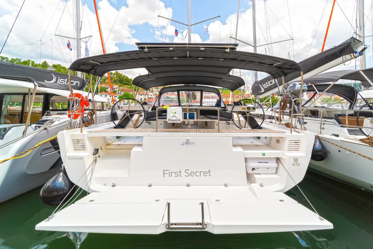 Exterior view of First Secret, a Dufour 470 sailboat at Skradin, Croatia