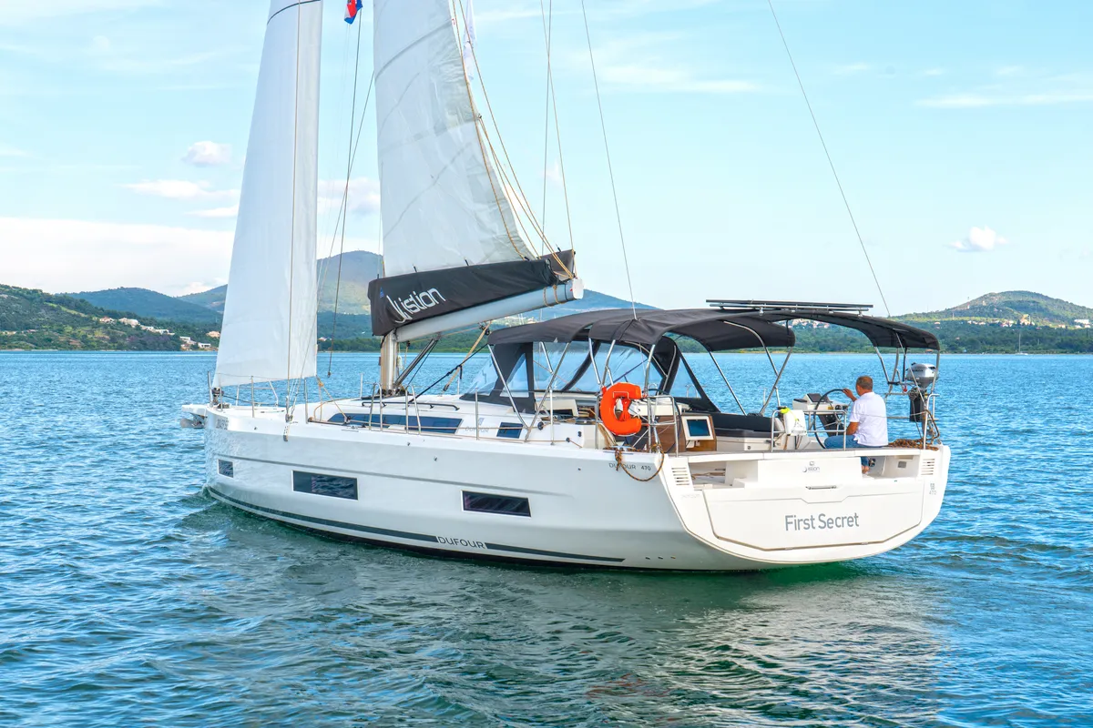Exterior view of First Secret, a Dufour 470 sailboat at Skradin, Croatia