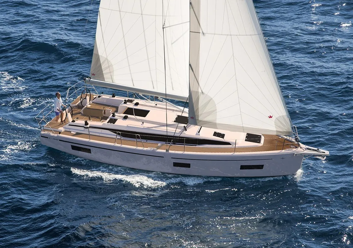 Exterior view of Olivia, a Bavaria C38 sailboat at Municipal Unit of Palairos, Greece