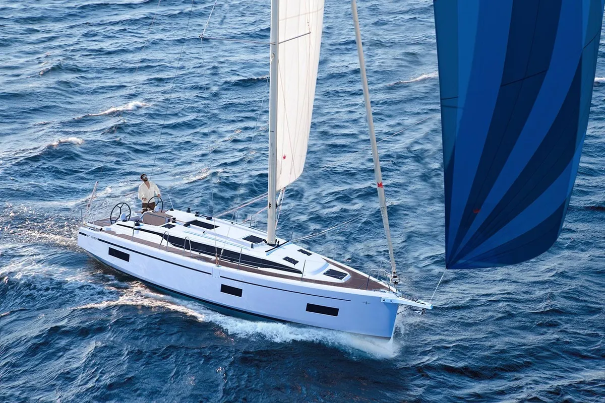 Exterior view of Olivia, a Bavaria C38 sailboat at Municipal Unit of Palairos, Greece