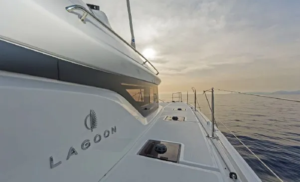 Deck of Aqua Star, a Lagoon 50 catamaran at Municipal Unit of Lefkada, Greece