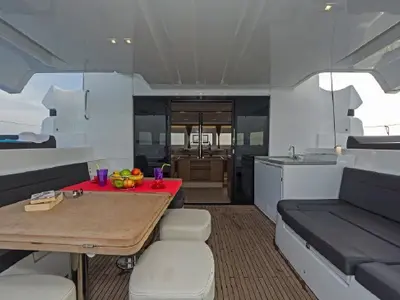 Deck of Aqua Star, a Lagoon 50 catamaran at Municipal Unit of Lefkada, Greece