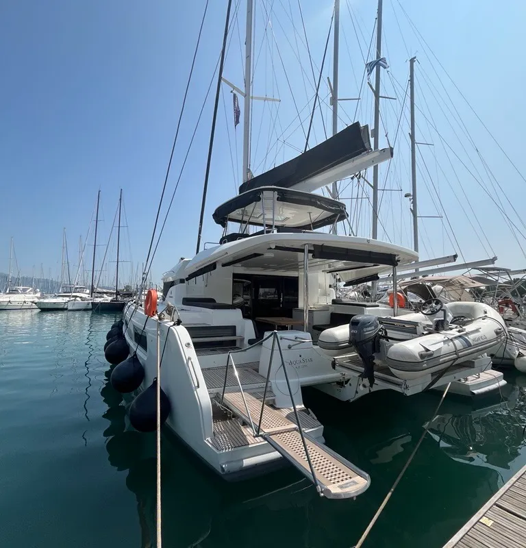 Exterior view of Aqua Star, a Lagoon 50 catamaran at Municipal Unit of Lefkada, Greece