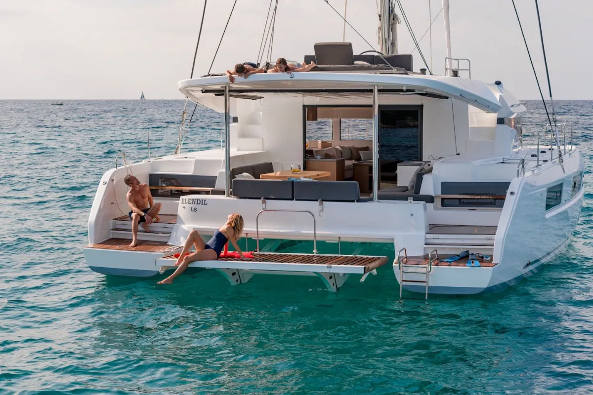 Exterior view of Aqua Star, a Lagoon 50 catamaran at Municipal Unit of Lefkada, Greece