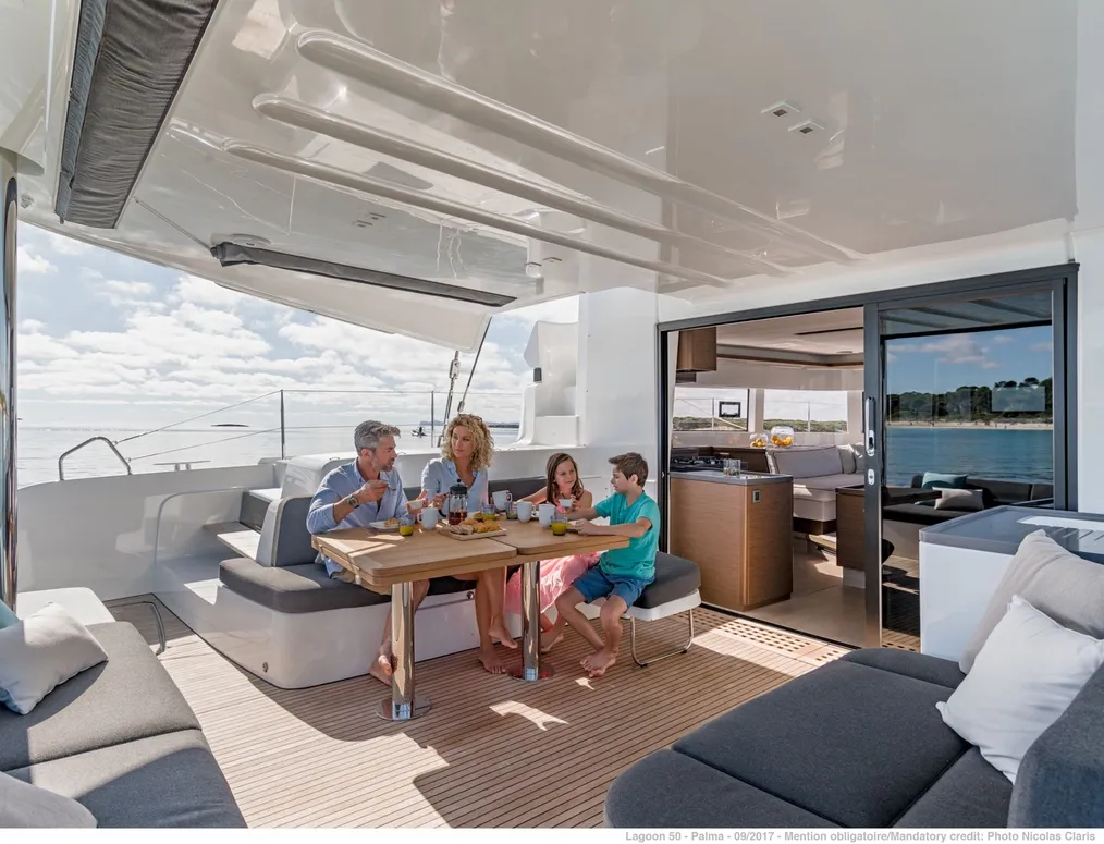 Deck of Aqua Star, a Lagoon 50 catamaran at Municipal Unit of Lefkada, Greece