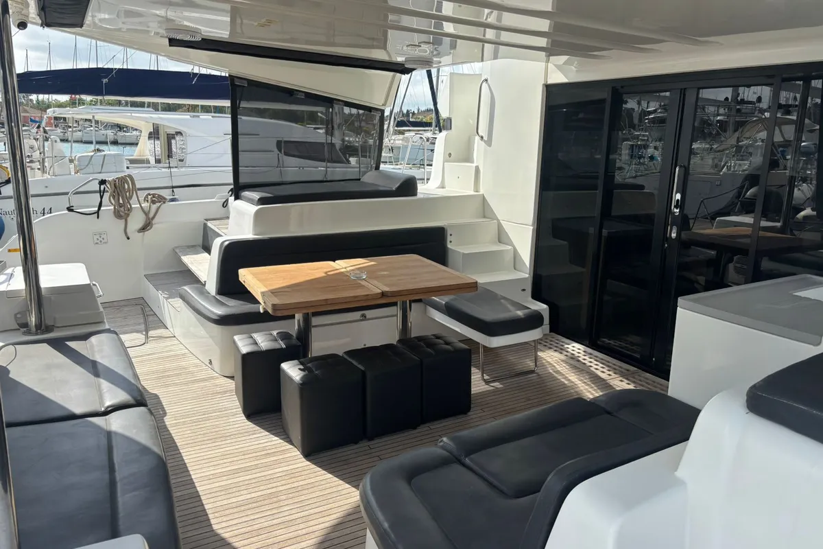Deck of Aqua Star, a Lagoon 50 catamaran at Municipal Unit of Lefkada, Greece