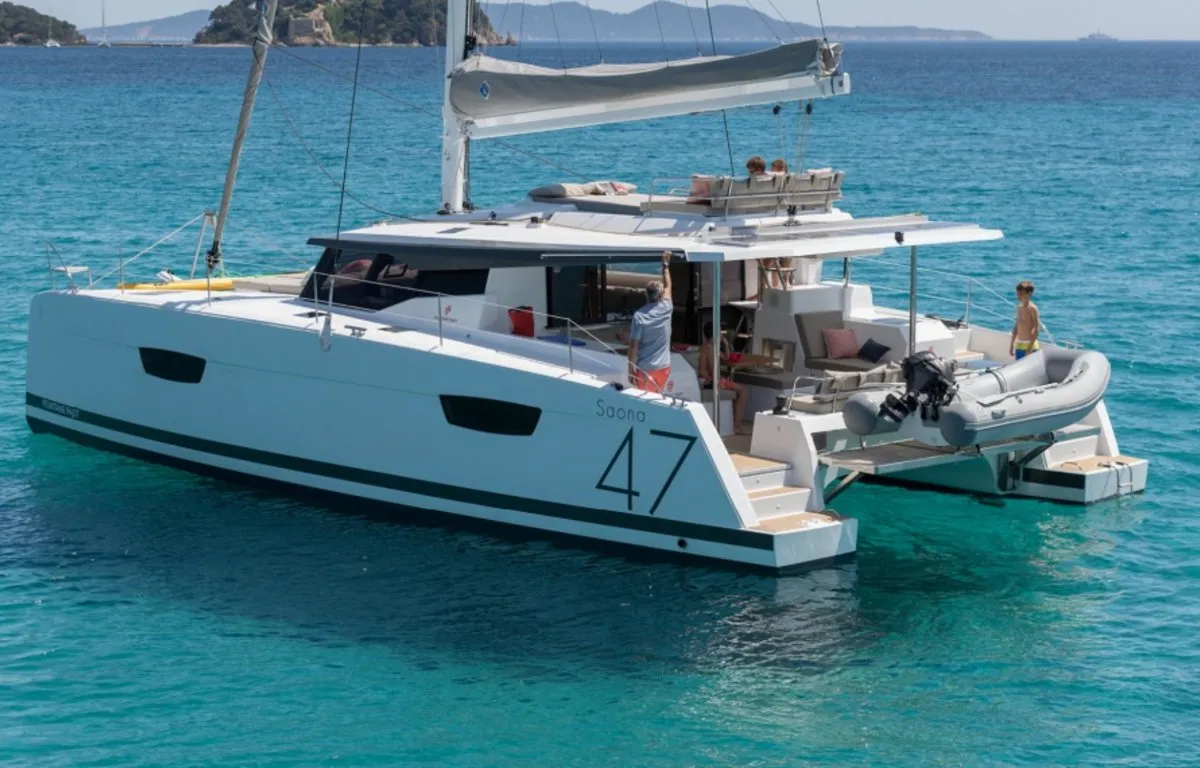 Exterior view of Impossible Dream, a Fountaine Pajot Saona 47 Maestro catamaran at Central Abaco, Bahamas