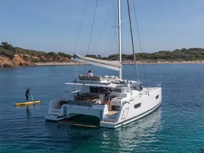 Exterior view of Impossible Dream, a Fountaine Pajot Saona 47 Maestro catamaran at Central Abaco, Bahamas